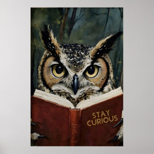 Blijf Nieuwsgierig Uil Leest Kunstprint - Boeklief Poster