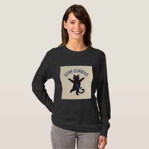 Blijf Nieuwsgierig Zwarte Kat T-shirt met Lange Mo