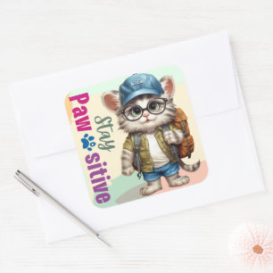 Blijf passieve kat dragen rugzak vierkante sticker