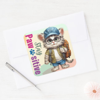 Blijf passieve kat dragen rugzak vierkante sticker
