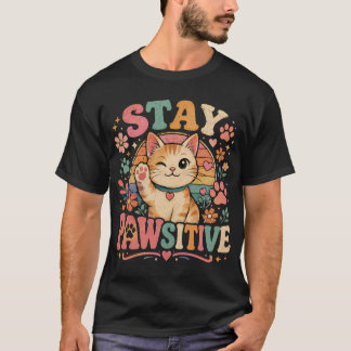 Blijf Pawsitief Retro Kat Positieve Vibes T-shirt