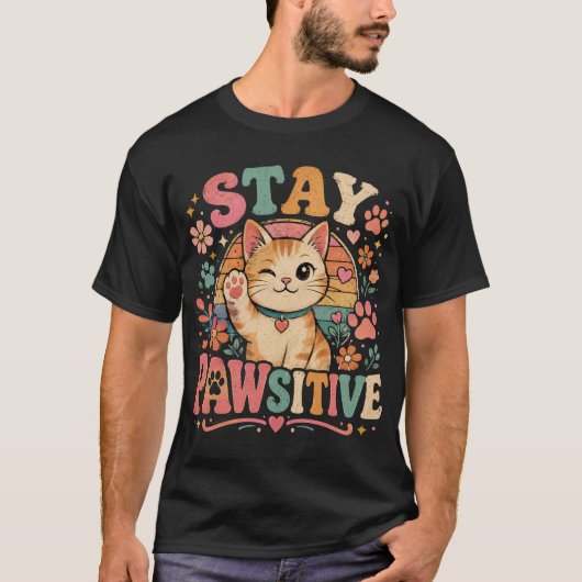 Blijf Pawsitief Retro Kat Positieve Vibes T-shirt (Voorkant)