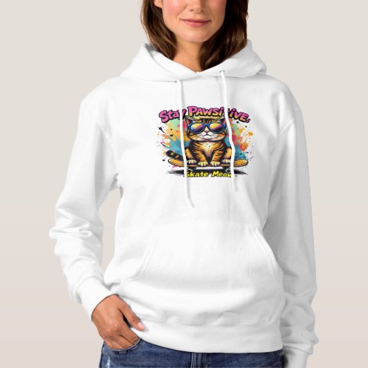Blijf Pawsitive Schaats Meow Cat Lovers Hoodie (Voorkant)