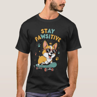 Blijf Positief Corgi Skateboarden Leuk Motivatie T-shirt