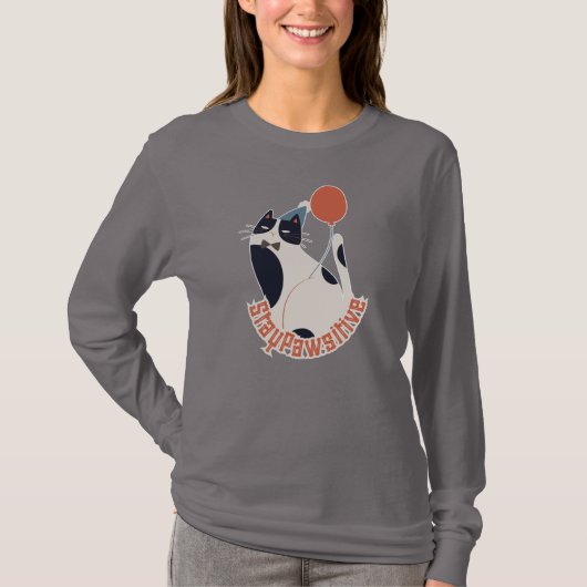 Blijf Positief Dames Lange Mouwen Tuxedo Kat T-shirt (Voorkant)