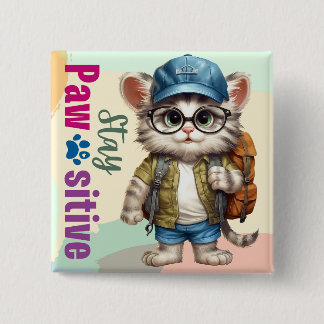 Blijf Positief Kat met Rugzak Vierkante Button 5,1 Cm