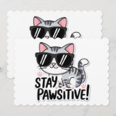 Blijf Positief! Uitnodiging met een Cute Kattenthe (Voorkant / Achterkant)