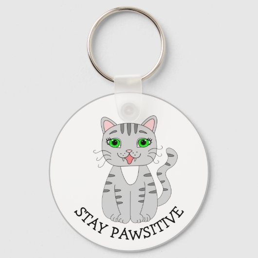 Blijf rustig | Cute Gray Cat | Wees blij Sleutelhanger (Voorkant)