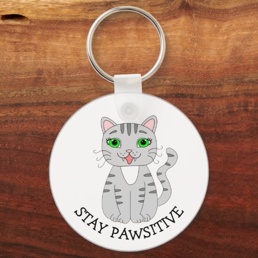 Blijf rustig | Cute Gray Cat | Wees blij Sleutelhanger (Voorkant)