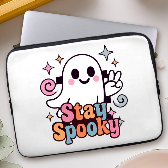 Blijf Spooky Groovy Ghost Retro Pastel Halloween Laptop Sleeve (Celebrate Halloween season in style with this groovy ghost stay spooky design.)