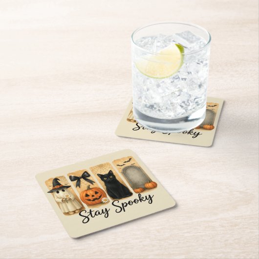 Blijf Spooky Halloween Brush Stroke Cat Kartonnen Onderzetters (Insitu)
