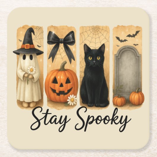 Blijf Spooky Halloween Brush Stroke Cat Kartonnen Onderzetters (Voorkant)