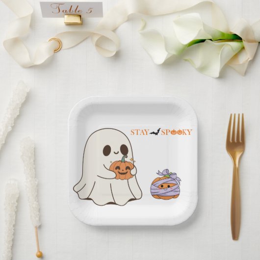 Blijf Spooky Schattige Ghost & Pumpkin Halloween P Papieren Bordje (Huwelijk)