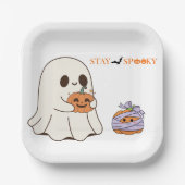 Blijf Spooky Schattige Ghost & Pumpkin Halloween P Papieren Bordje (Voorkant)