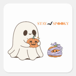 Blijf Spooky Schattige Ghost & Pumpkin Halloween P Vierkante Sticker