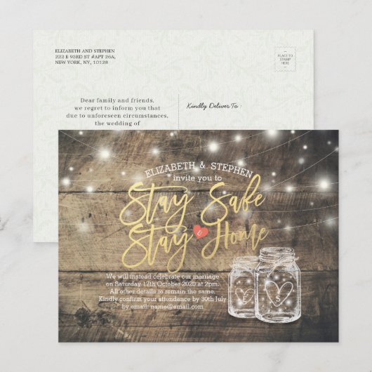 BLIJF THUIS BLIJVEN VEILIG WEDDING POSTPONEMENT MA AANKONDIGINGSKAART (Voorkant / Achterkant)