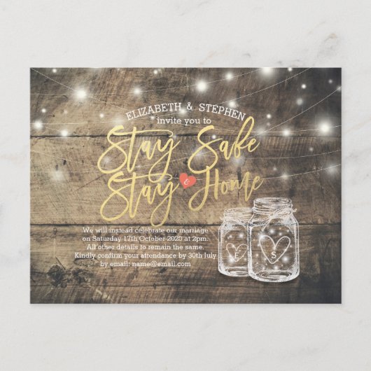 BLIJF THUIS BLIJVEN VEILIG WEDDING POSTPONEMENT MA AANKONDIGINGSKAART (Voorkant)