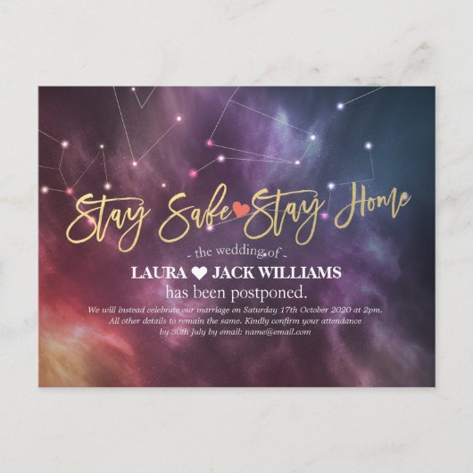 Blijf thuis en blijf veilig met het uitstellen van aankondigingskaart (Voorkant)