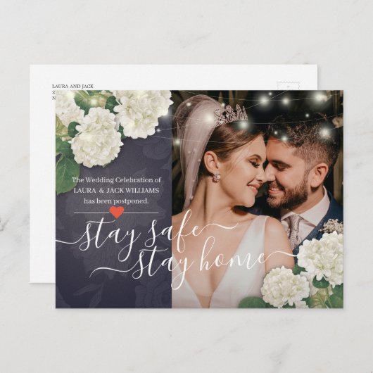 Blijf thuis en blijf veilig voor bruiloft Uitstel  Aankondigingskaart (Voorkant / Achterkant)