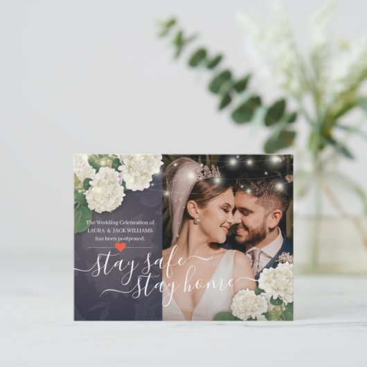 Blijf thuis en blijf veilig voor bruiloft Uitstel  Aankondigingskaart (Staand voorkant)