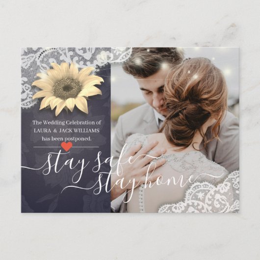 Blijf thuis en blijf veilig voor bruiloft Uitstel  Aankondigingskaart (Voorkant)