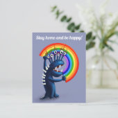 Blijf thuis en wees blij grappige regenboog briefkaart (Staand voorkant)