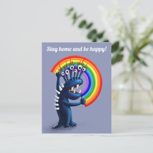 Blijf thuis en wees blij grappige regenboog briefkaart (Staand voorkant)