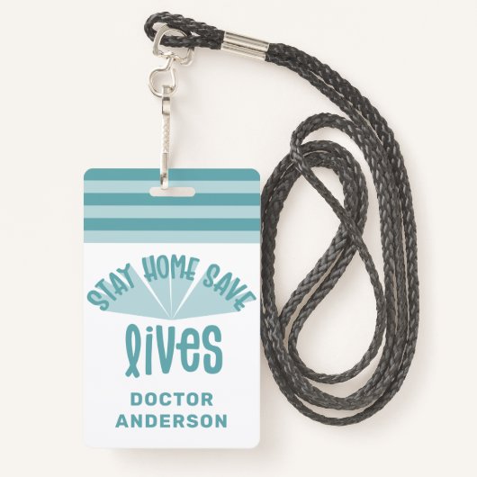 Blijf thuis om levens te redden blauwe kleurrijke badge (Achterkant met draagriem)