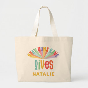 Blijf thuis redden levens regenboogkleurig grote tote bag