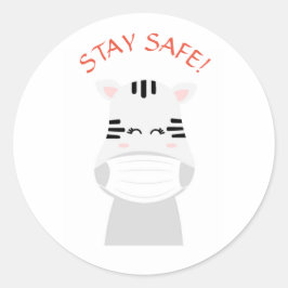 Blijf Veilig Schattige Zebra Draagt Mondkapje Rond Ronde Sticker