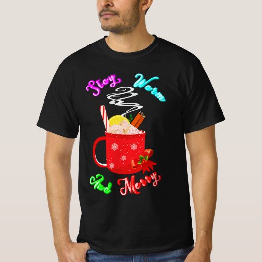 Blijf warm en vrolijk kaneel sneeuwvlokken kerst t-shirt (Voorkant)