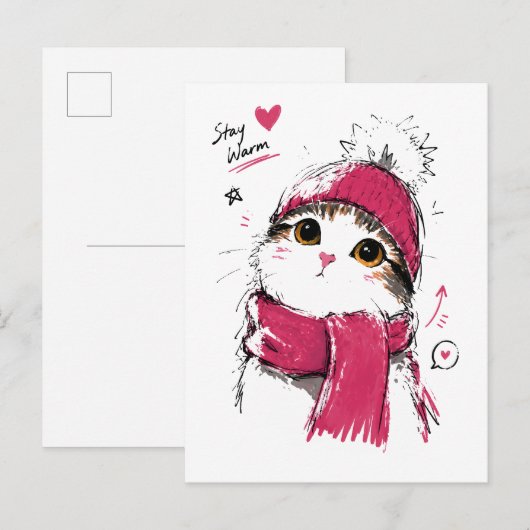 Blijf Warm Knuffelkat met Winter Muts & Sjaal Briefkaart (Voorkant / Achterkant)