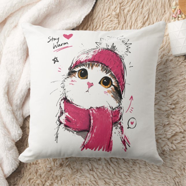 Blijf Warm Knuffelkat met Winter Muts & Sjaal Kussen (Deken)