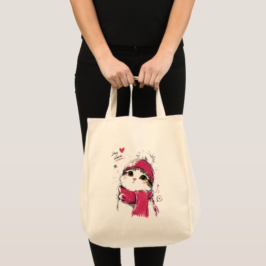 Blijf Warm Knuffelkat met Winter Muts & Sjaal Tote Bag (Voorkant (product))