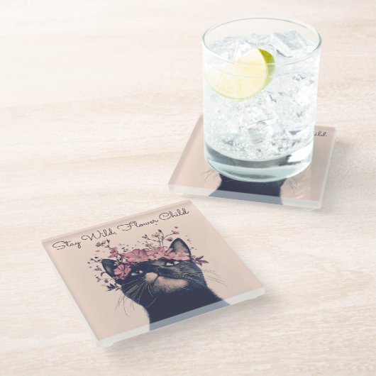 Blijf Wild, Bloem Kind Kat Bloemen Boho Glazen Onderzetter (Schuin)