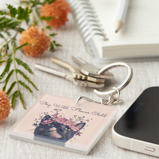 Blijf Wild, Bloem Kind Kat Bloemen Boho Sleutelhanger (Voorkant Rechts)