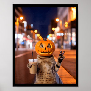 Blijf wild halloween kat drinkend ijskoude koffie poster