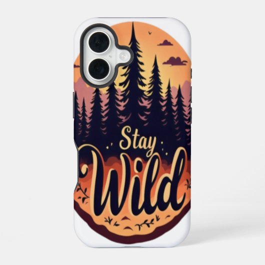 Blijf Wild: Illustratie van Zonsondergang Bos iPhone 16 Hoesje (Achterkant)