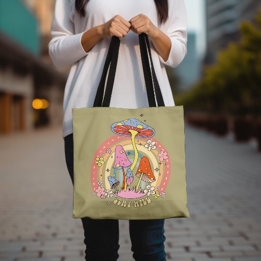 Blijf wild kleurrijke paddenstoel retro groovy tote bag