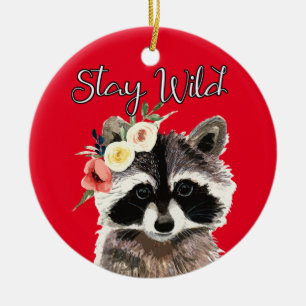Blijf Wild - Knuffel Wasbeer met Bloemenkrans Keramisch Ornament