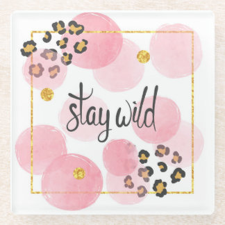 Blijf wild, luipaard print, roze cirkels glazen onderzetter