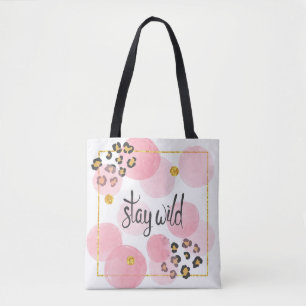 Blijf wild, luipaard print, roze cirkels tote bag