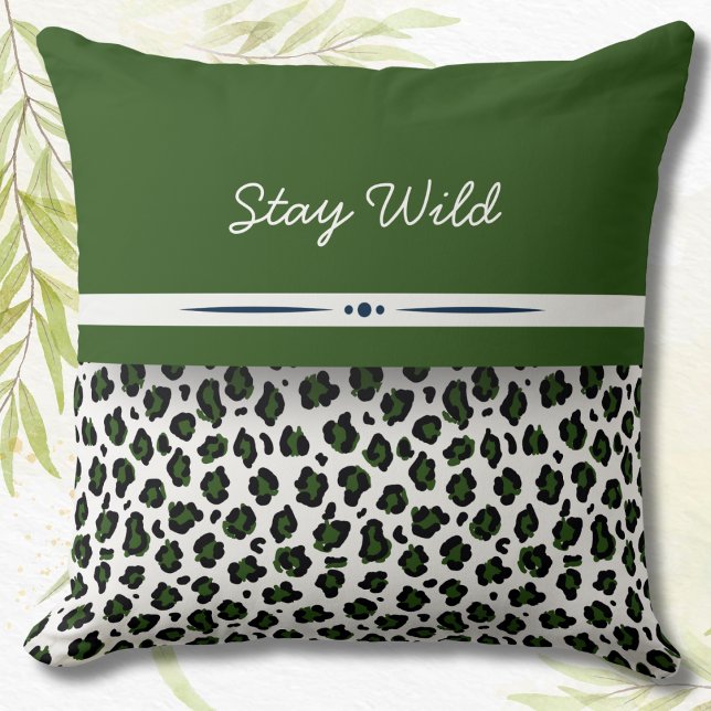 Blijf Wild Luipaardprint Jungle Groene Worp Kussen (Stay Wild Leopard Print Jungle Green Throw Pillow)