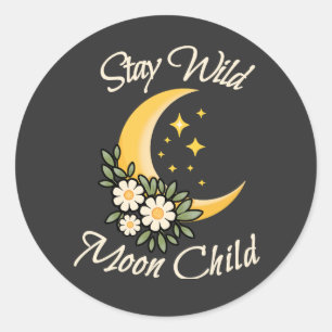 Blijf Wild Maan Kind Boho Halve Maan met Daisies Ronde Sticker