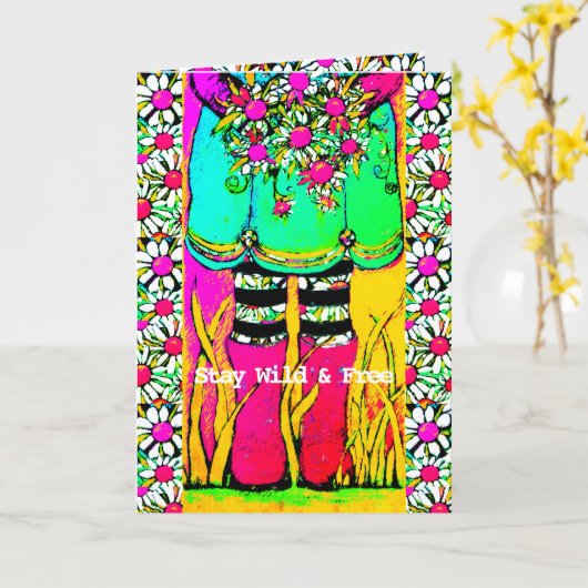 Blijf Wild & Vrij Regenlaarzen en Opgewekte Groet Kaart (Gele Bloem)