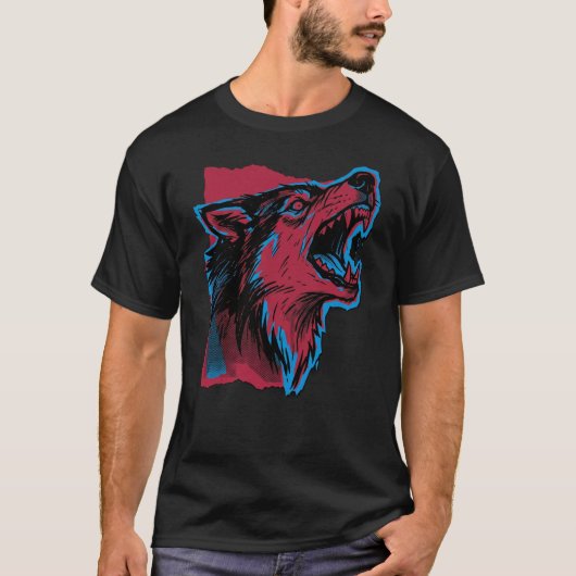 Blijf Wild Wolf T-shirt – Cyberpunk Neon Wolf & Sc (Voorkant)