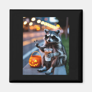 Blijf wilde wasbeer die ijs-koffie drinkt hallowee magneet