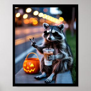 Blijf wilde wasbeer die ijs-koffie drinkt hallowee poster
