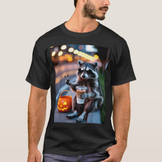 Blijf wilde wasbeer die ijs-koffie drinkt hallowee t-shirt