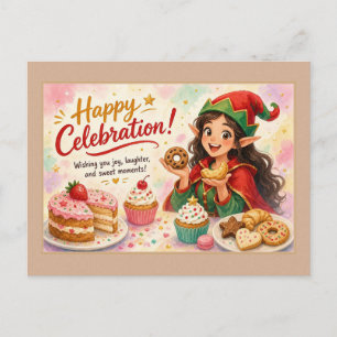 Blijfeestvierende elf met cupcakes briefkaart